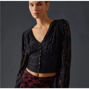 Anthropologie Black Balloon Sleeve Lace Tie Blouse